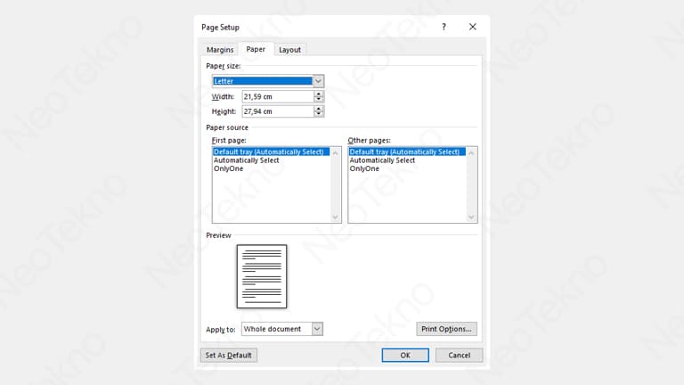 Ukuran Kertas Default di Microsoft Word